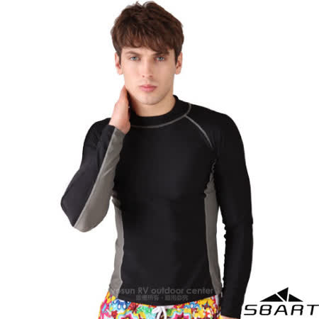 【SBARTY】男時尚 長袖緊身彈性防曬潛水上衣/水母衣/防寒衣(抗UV50+).浮潛游泳衣/701 黑拼灰✿30E010